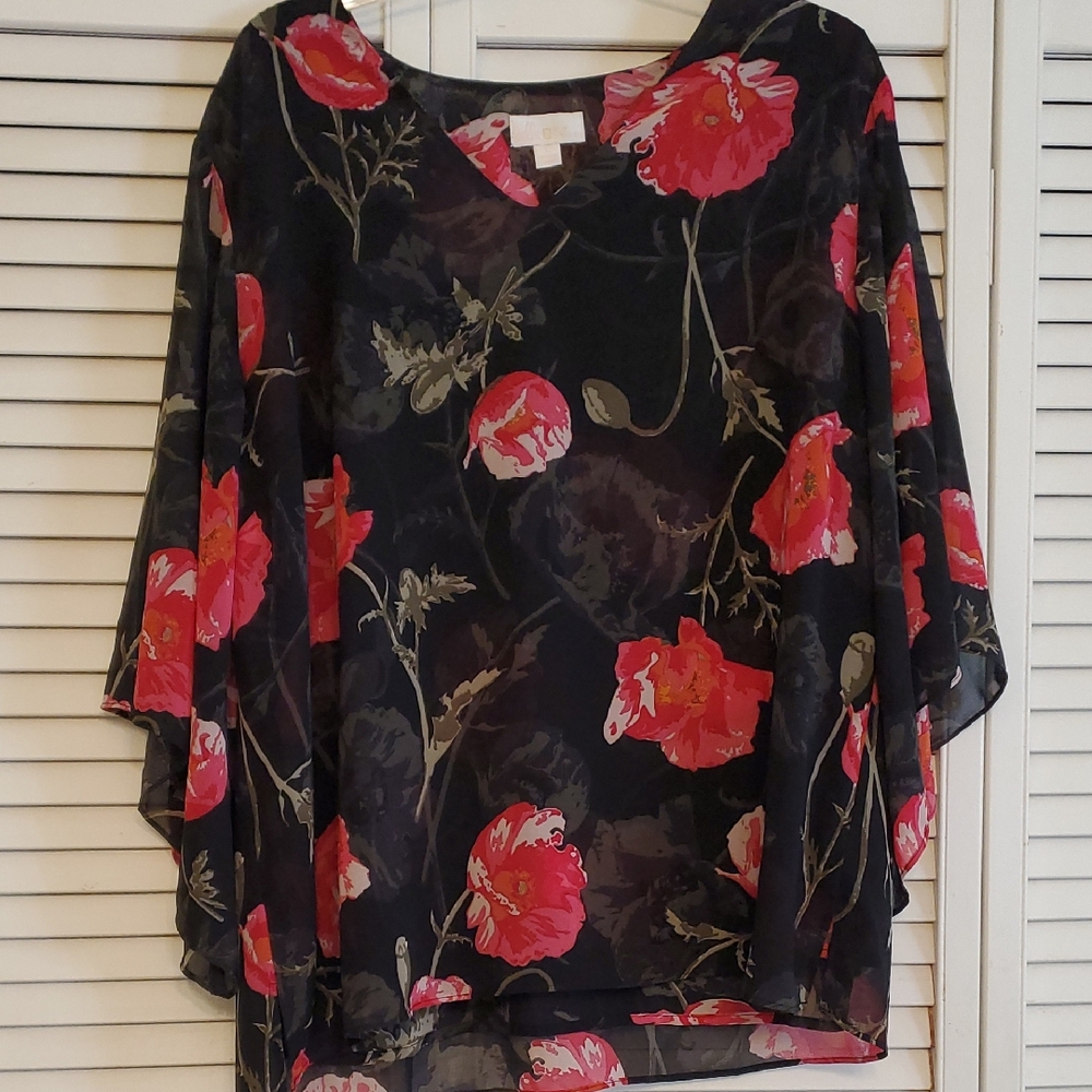 Belle Kim Gravel Floral Poppy Sheer Dark Romantic Top, Size Large